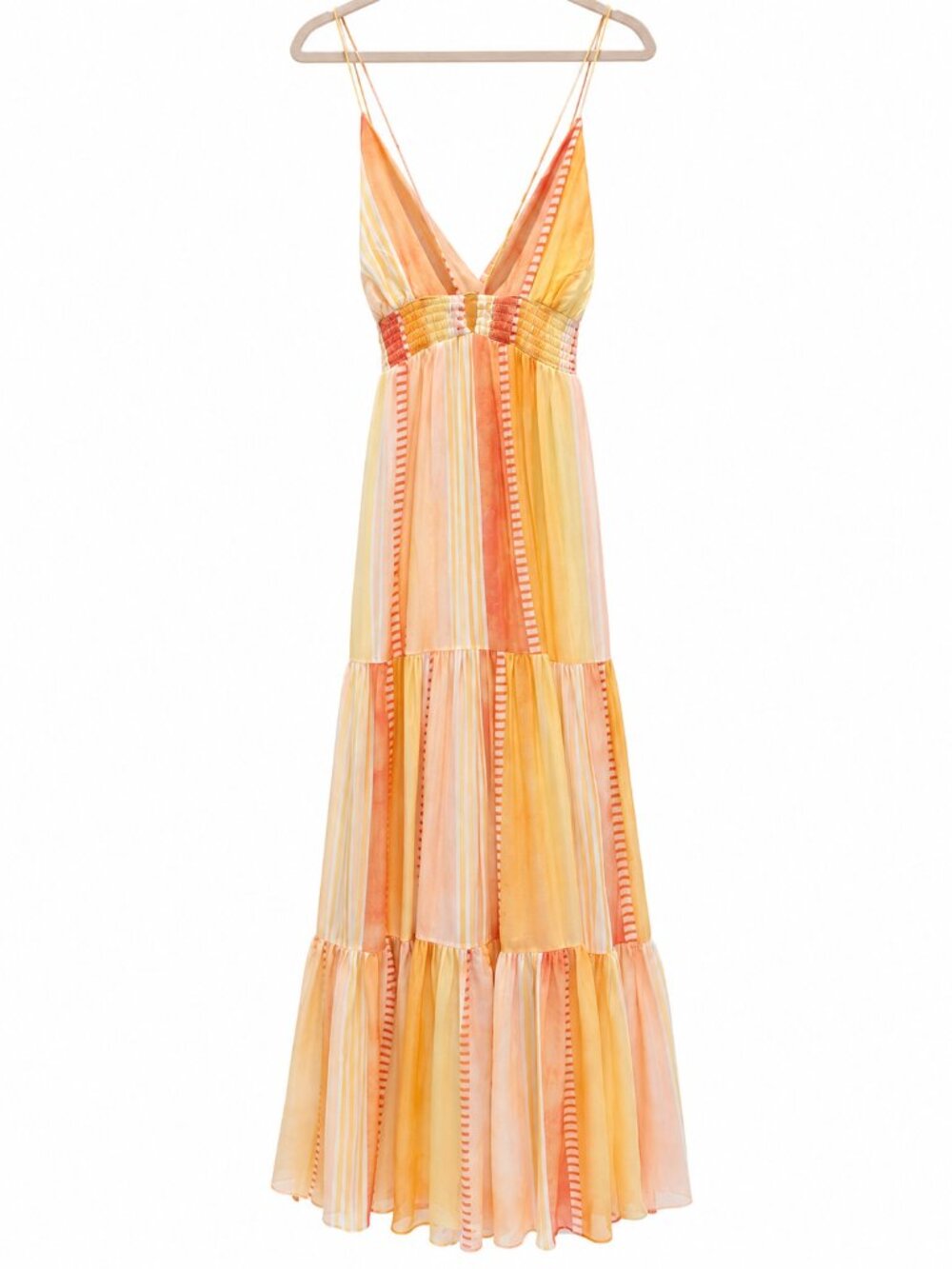 Elan XS Peach Coral Striped Tiered Maxi Dress Boho Resort